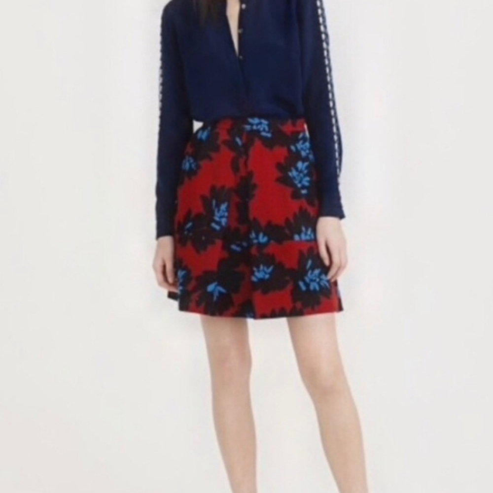 J Crew Firework Floral Red & Navy Blue Fit Flare Fall Women's Mini A Line Skirt